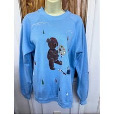 Vintage 80s/90s Light Blue Sweatshirt with Hand Painted Teddy Bear Motif