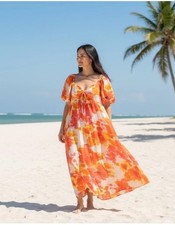 Alex Marie Monroe Floral Midi Dress Orange Red Tie Dye Puff Sleeve Size 16 NEW