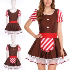 Women Christmas Costume Gingerbread Cosplay Candy Cane Dress Xmas Maid Waitress