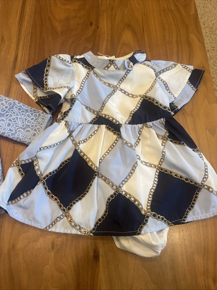 Vestido com estampa de corrente azul celeste Janie and Jack manga curta 3-6 meses + blusa de renda LOTE - Imagem 2 de 4