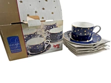 NOS 1999 Galaxy Holiday Dinnerware Set Of 4 Cups & 4 Saucers 14k Gold Blue