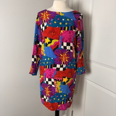 90s celestial dress Vintage 100% Silk Sun Star Moon Patchwork Abstract Print VTG velvet dress