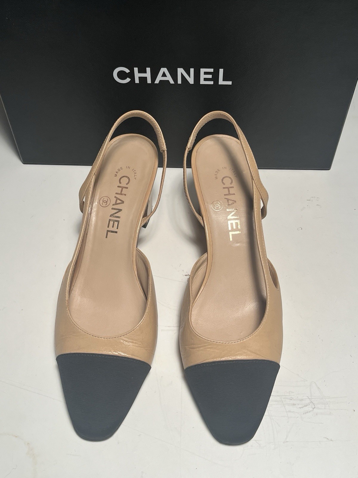 Chanel Beige Black Slingbacks Size 37 With Box