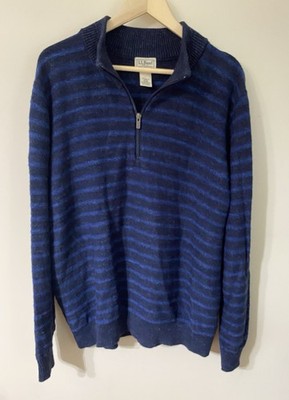 LL Bean Mens Organic Cotton Sweater Blue Striped Quarter Zip Mock Neck XL