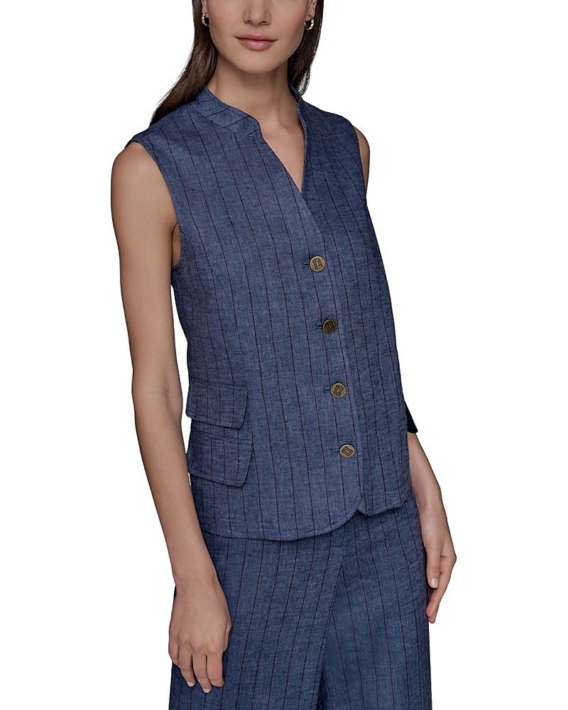 KARL LAGERFELD PARIS Pinstripe Button-Front Linen Blend Vest Women's 2 Indigo