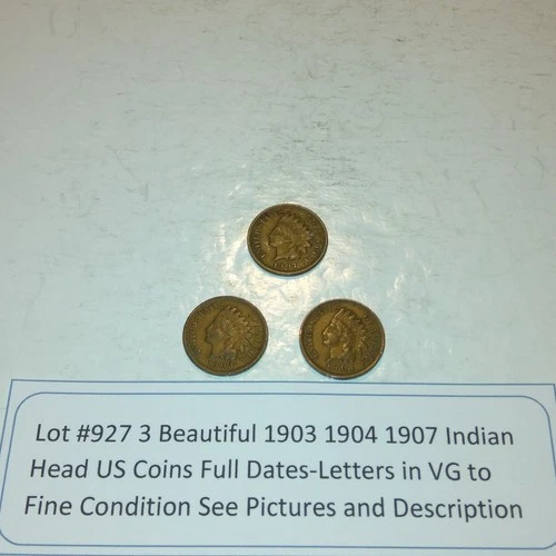 Lot #927 3 Beautiful Indian Head Penny Coins 1903-1904-1907 VG-F See Pictures