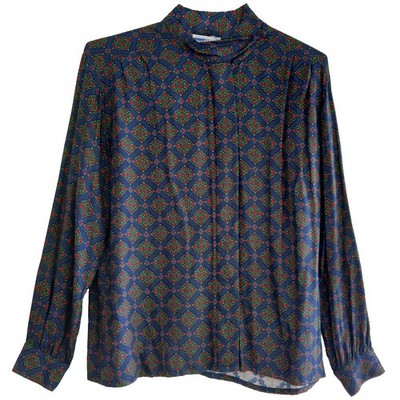 Pendleton Women Size 14 High Neck Ogee Rayon Print Blue Red Green Dressy Blouse