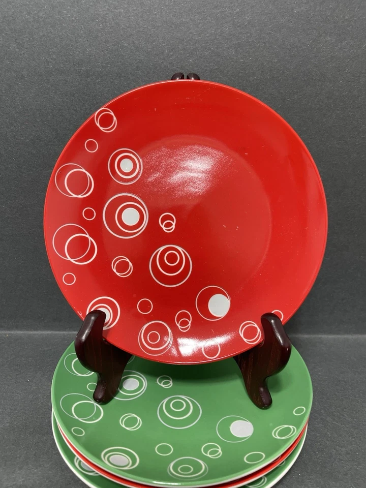 Juego de 4 platos de postre para ensalada AVON EXPRESSIONS Holiday rojo verde círculos Foto 3 de 4