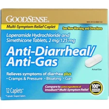 4 Pack GoodSense Multi-Symptom Anti-Diarrheal/Anti-Gas Relief Caplets, 12 Ct