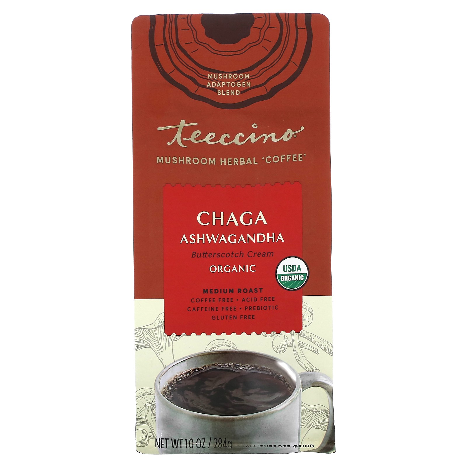 Mushroom Herbal Coffee, Chaga Ashwagandha, средней обжарки, без кофеина, 10 унций
