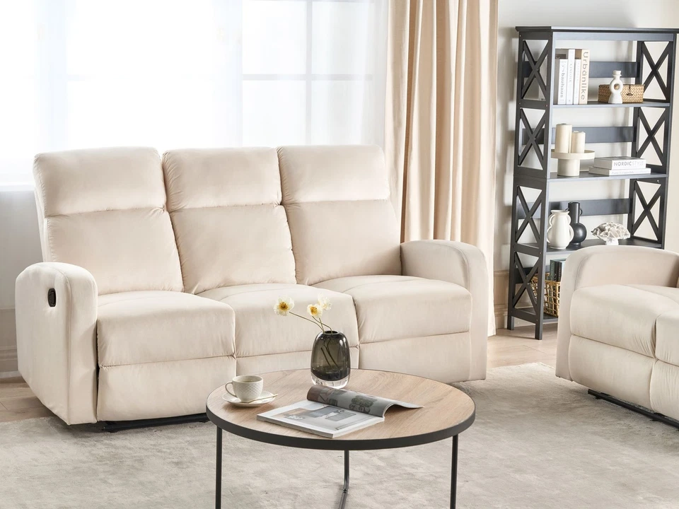 Manuell verstellbares 3-Sitzer Sofa Samt weiß creme Relaxfunktion modern Verdal - Bild 2 von 4