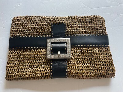 Michael Kors Straw Clutch With Crystal Buckle Natural Silver