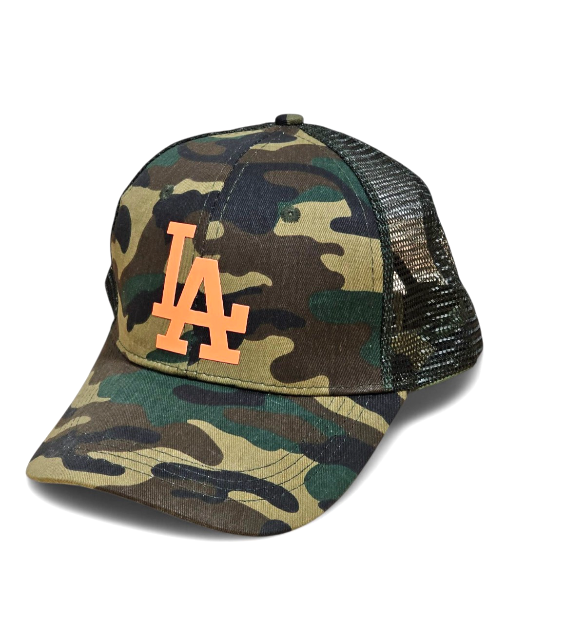 PONY CAPPELLO CAMIONISTA CODA DI CAVALLO MIMETICO VERDE CACCIA CON ARANCIONE FLOREALE "LA" OSFM NUOVO