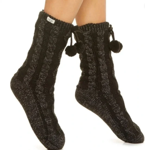 UGG Socks Cozy Pom Poms Fleece Lined Cable Knit Black Silver or Pink Crystal New - Picture 3 of 29