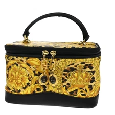 GIANNI VERSACE Logo Sun Vanity Hand Bag PVC Leather Black Gold 05FB835