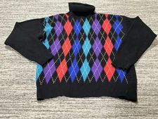 VINTAGE Rafaella Sweater Women’s Large Black Argyle Turtleneck Lambswool Angora