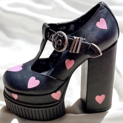 Size 5…….…Sweet Black & Pink Heart Platform Mary Jane w/Buckle