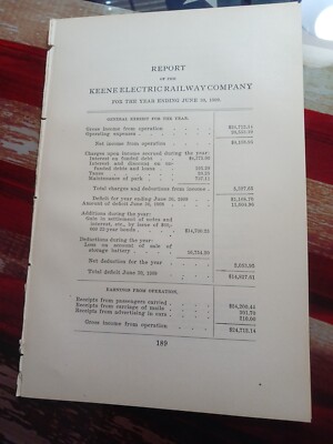 1909 report of KEENE ELECTRIC RAILWAY Streetcar Trolley Swanzey Marlborough NH