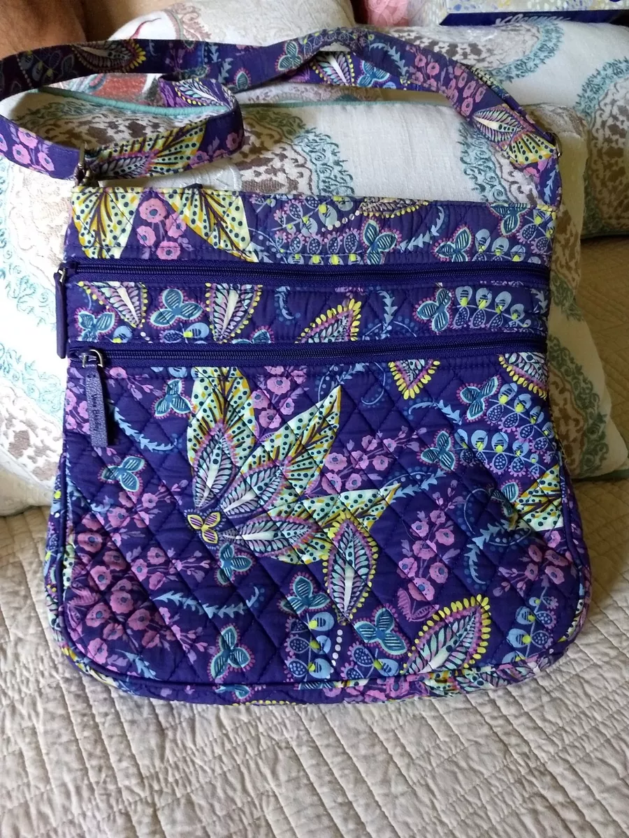 Vera Bradley Batik Leaves Purse Triple Zip Hipster Purple Lavender Crossbody