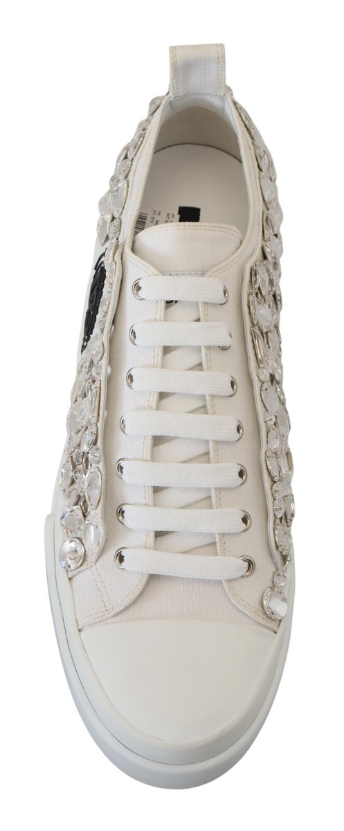 DOLCE & GABBANA Shoes Sneakers White Canvas Crystal Low Tops Mens