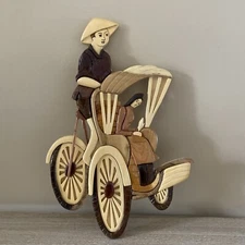 Hand Carved Wood Art Vietnam Man Pushing Woman In Cart Hanging Plaque 16”