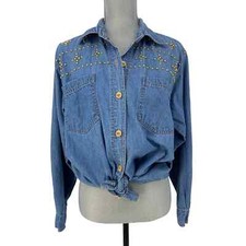 Vintage Medium Blue Wash Denim Studded Long Sleeve Shirt Shacket Rodeo Size M L