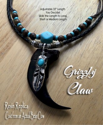 BIG OL' BEAR CLAW NECKLACE 2-Layer Silver Turquoise Eagle Feather Tribal Faux'