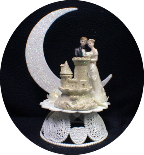 Sand Castle Beach Florida Wedding Cake Topper. Ocean Lake bride and Groom Top - Picture 1 of 5