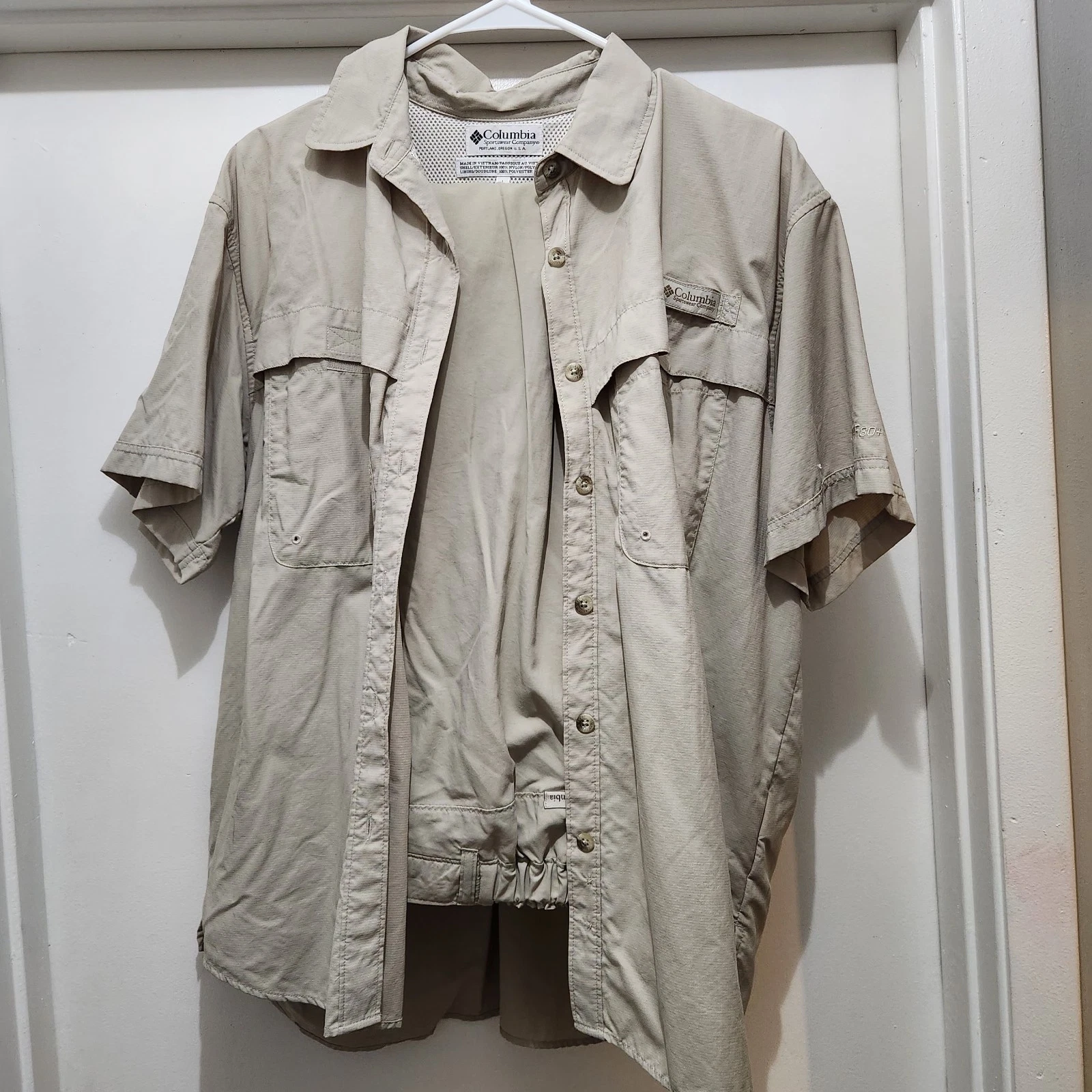 Columbia Womens Vented Fishing Shirt L + Cargo Stretch Pants XL Tan Nylon