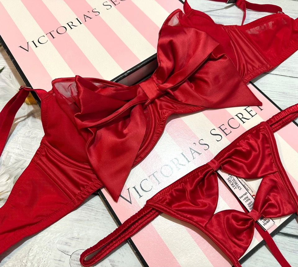 Victoria’s Secret Red Satin Bow Lingerie Set Bra & Panty Sexy - Image 3 of 4