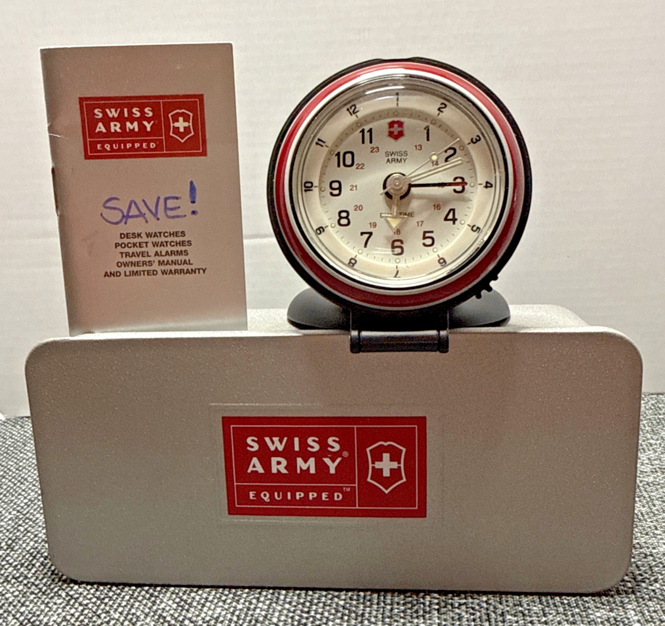 Swiss Army Travel Alarm Clock Pocket Watch Dual Time with Metal Case and Booklet featured image