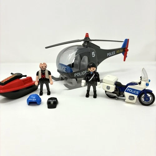 VTG Playmobil Police Helicopter Jet Ski Motorcycle Figures Hats Misc Lot 5764