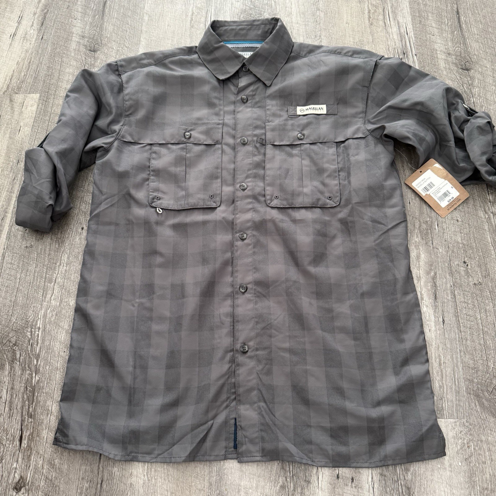 Magellan Fishing Shirt Mens Small Gray Plaid Wicking Aransas Pass Hiking NEW