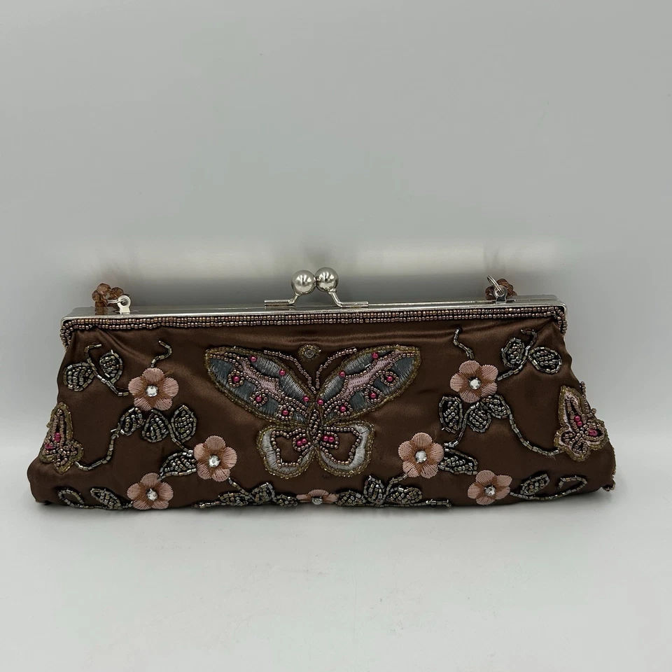 Bolso sin asas con cuentas Bolso de noche Bloqueo de beso Lentejuelas Mariposas Foto 3 de 4