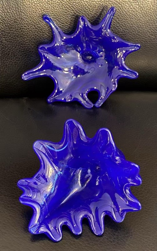 Pair of Handblown Cobalt Blue Glass Seashells