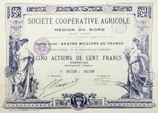 Kunstvoll: 5er-Aktie der Soci&eacute;t&eacute; Coop&eacute;rative Agricole (L.M&eacute;tivet & Imp. Richard)