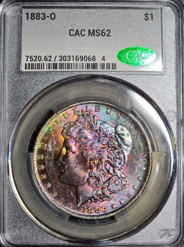 1883-O Morgan Silver Dollar $1 CACG MS62 Monster Rainbow Toned Coin CAC Rare GEM