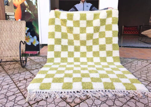 checkered green Rug Wool Hand Woven Genuine Moroccan Beni Ourain Carpet Soft