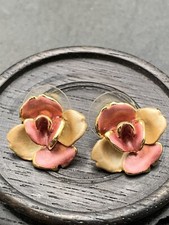 One Pair Pierced Gold Pink Enamel Flower earrings 1/2 R