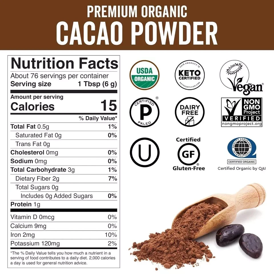 Cacao orgánico en polvo, 1 lb - Cacao en polvo sin azúcar con rico chocolate negro Fl Foto 2 de 4
