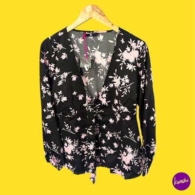 V BY VERY Women's Tie Front Top, Floral Print, Long Sleeve, Black, UK 14 | EU 42