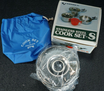 Small Ever New Stainless Steel Camping Cook Set Pans Lids Cups NOS Japan Made