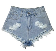 SHEIN Women  s High Rise Denim Cutoff Distressed Blue Jean Shorts