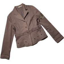 Brown Embroidered Canvas Womens Jacket Blazer Grommets Notch Collar Medium