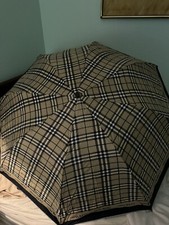 Vintage Original Nina Ricci Wood Handle Umbrella with Logo Plaid Blue Navy Beige