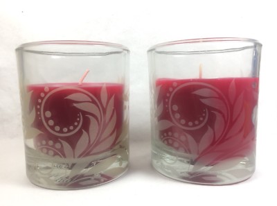 SPICED GRAPEFRUIT Essenza Glass Etched Red CANDLES lot of 2 - NEW htf