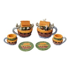 Miniature Ceramic Noah's Ark Tea Set 6pc Hand-painted Animals 2 Teapots Figurine