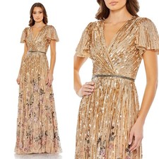 Mac Duggal NEW Gold Flounce Sleeve Floral Sequin V Neck Gown $798 - Size 6