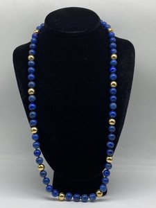 13k Yellow Gold Lapis Lazuli Vintage Beaded Necklace 98.1g