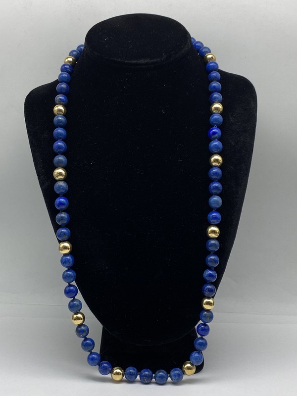 13k Yellow Gold Lapis Lazuli Vintage Beaded Necklace 98.1g